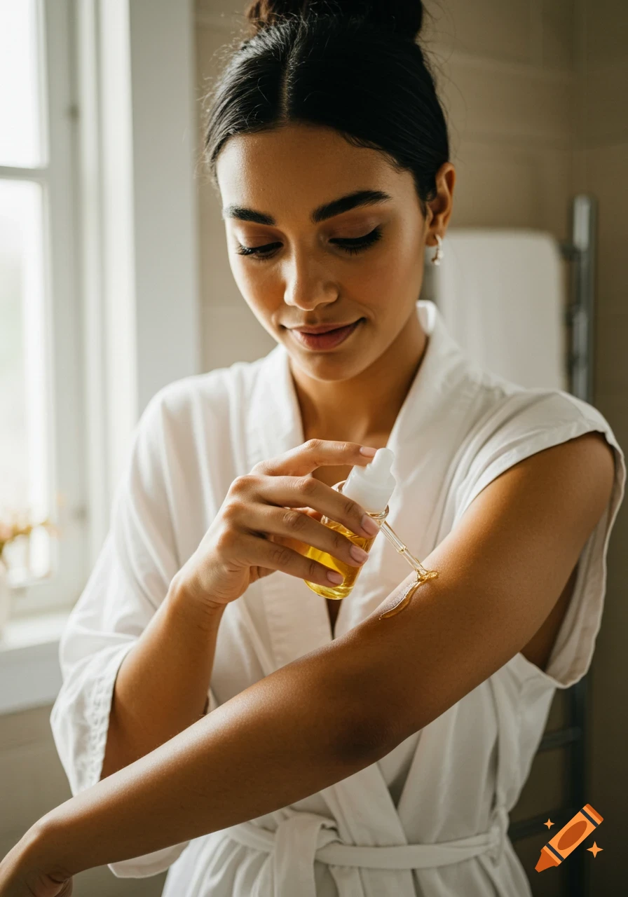 Woman applying body oil to her arm in a bathroom