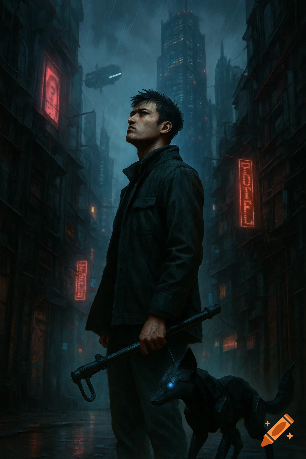 Man and robot dog stand in a rainy cyberpunk city street looking up at the sky.