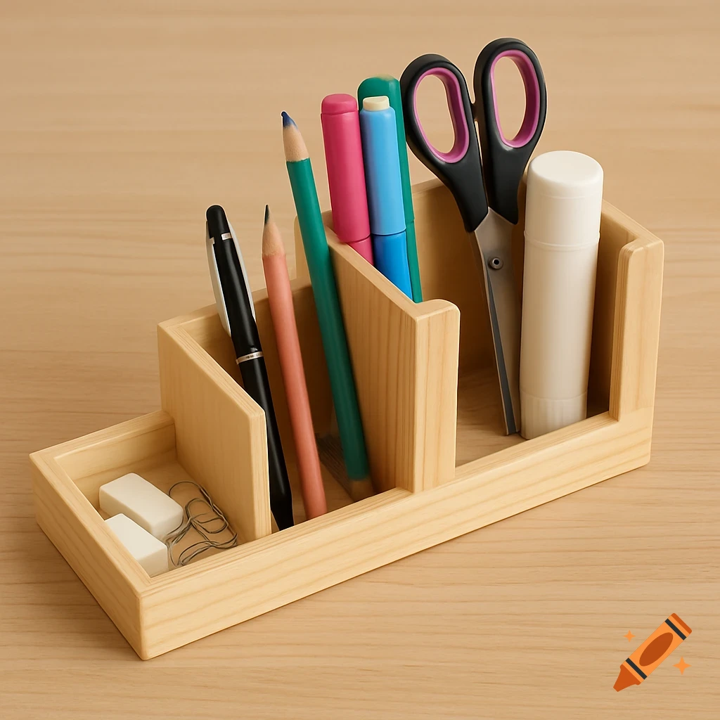 Wooden desk organizer filled with pens, pencils, scissors, glue, erasers, and paper clips on a desk.