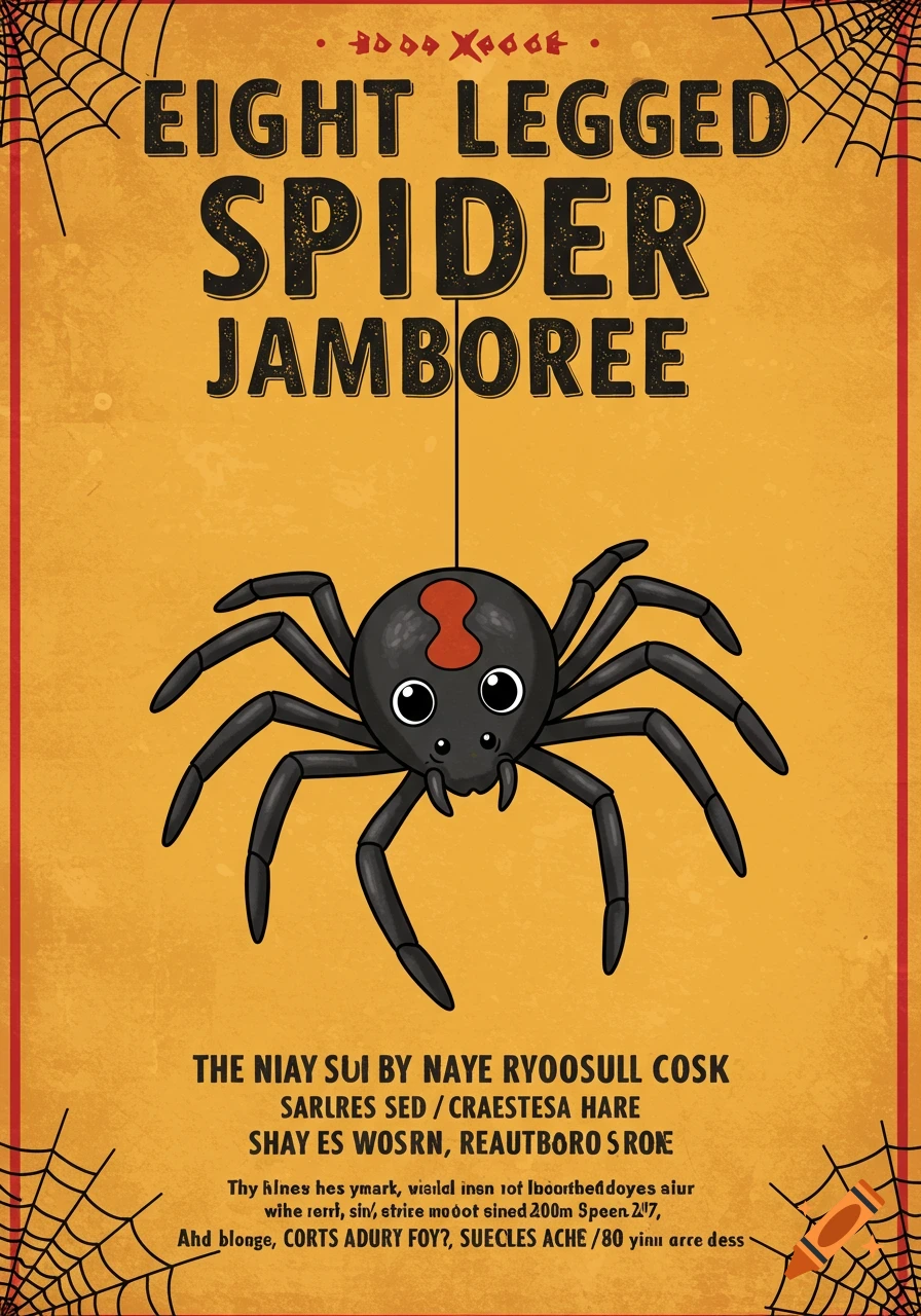 Cartoon poster for Eight Legged Spider Jamboree featuring a cute black widow spider and spiderwebs.