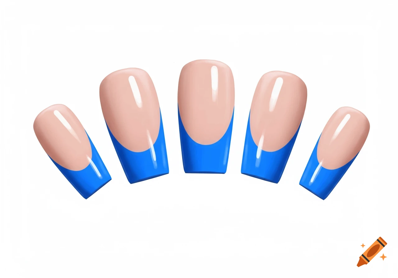 Five artificial nails with nude base and bright blue french tips