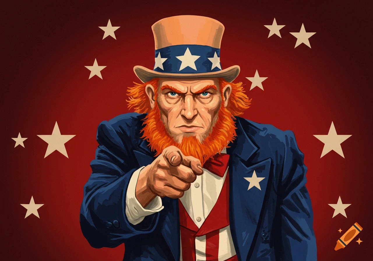 Uncle Sam points directly forward against a red background with stars.