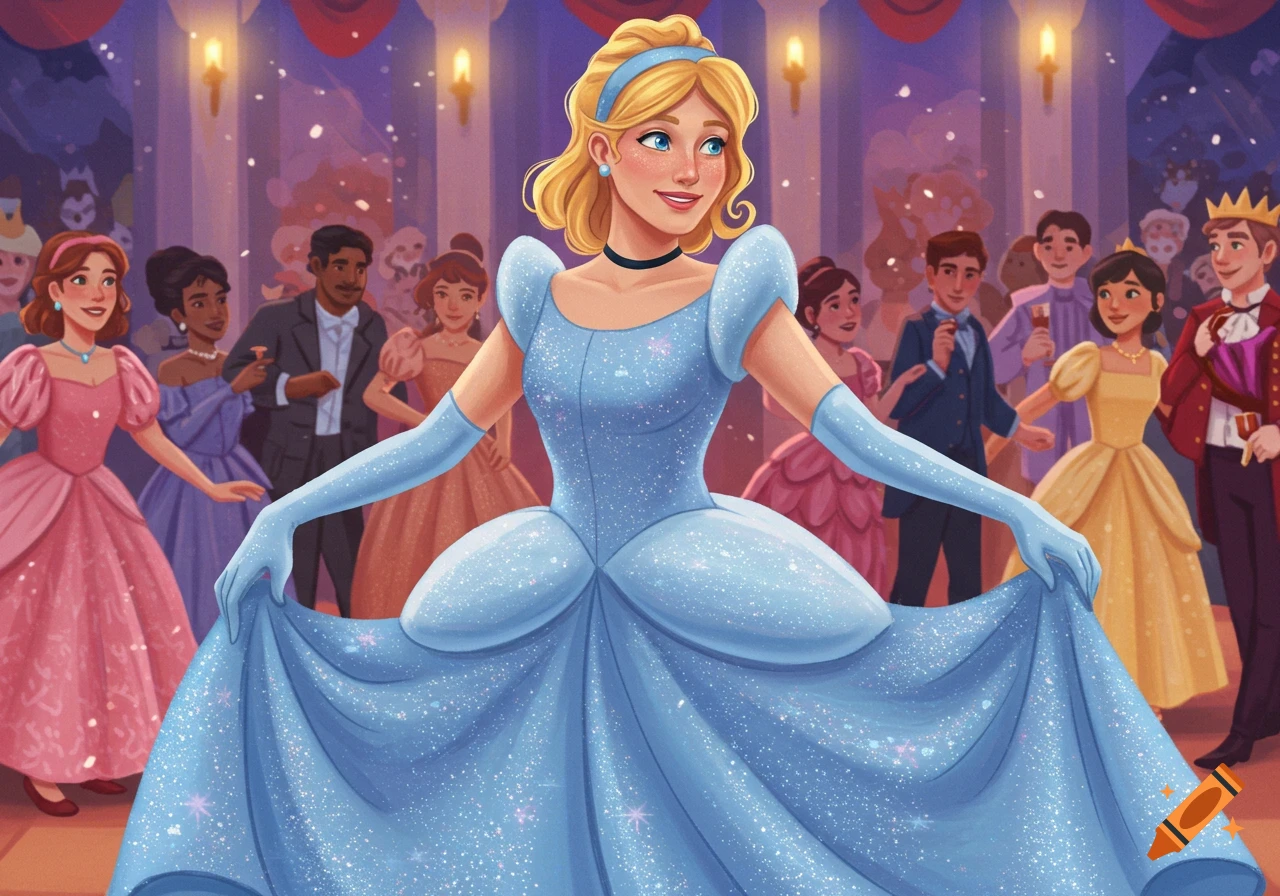 A young woman in a sparkling blue ball gown smiles and holds her skirt while standing in a ballroom full of other people. Illustrated style.