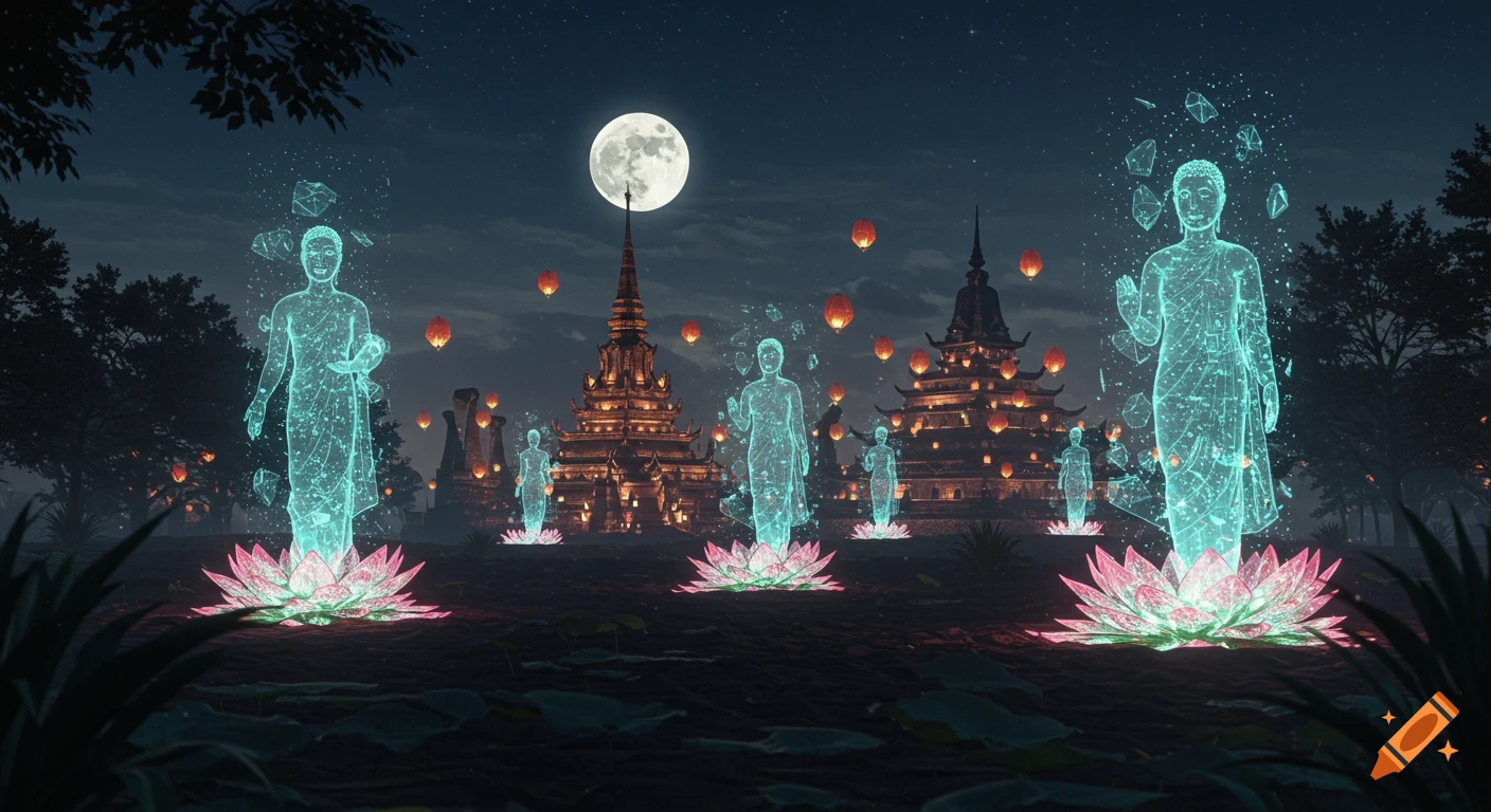 Holographic Buddha figures stand on glowing lotus flowers with temples, sky lanterns, and a full moon at night.