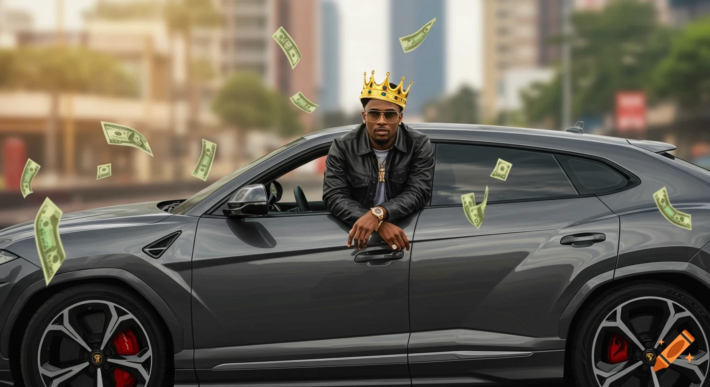 Stylish man in a crown leaning from a luxury car with money flying around him in a city.