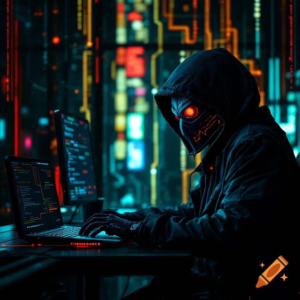 A masked figure in a hoodie types on a laptop in a dark room illuminated by glowing screens and network lines.