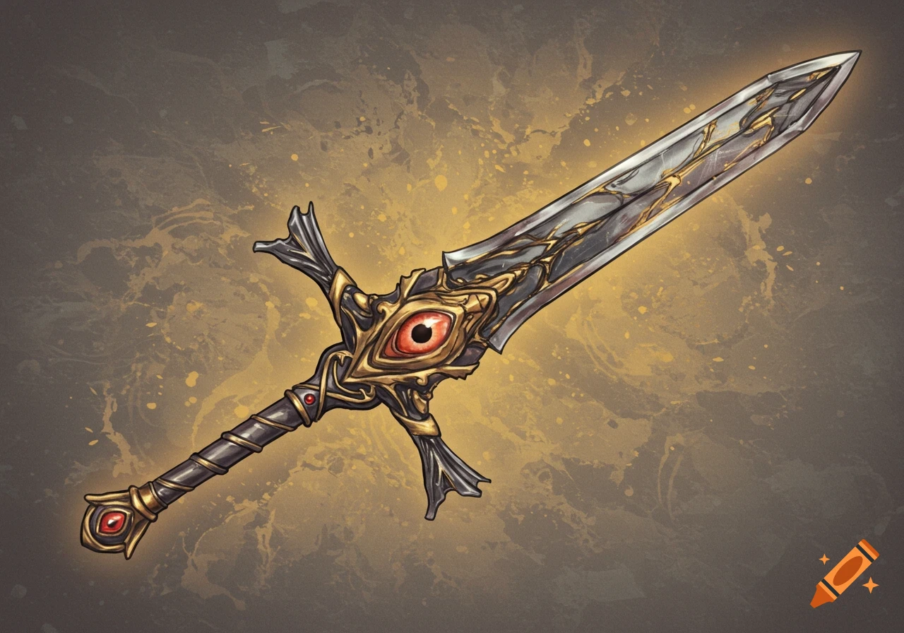 Fantasy sword with an eye in the hilt against a textured background.