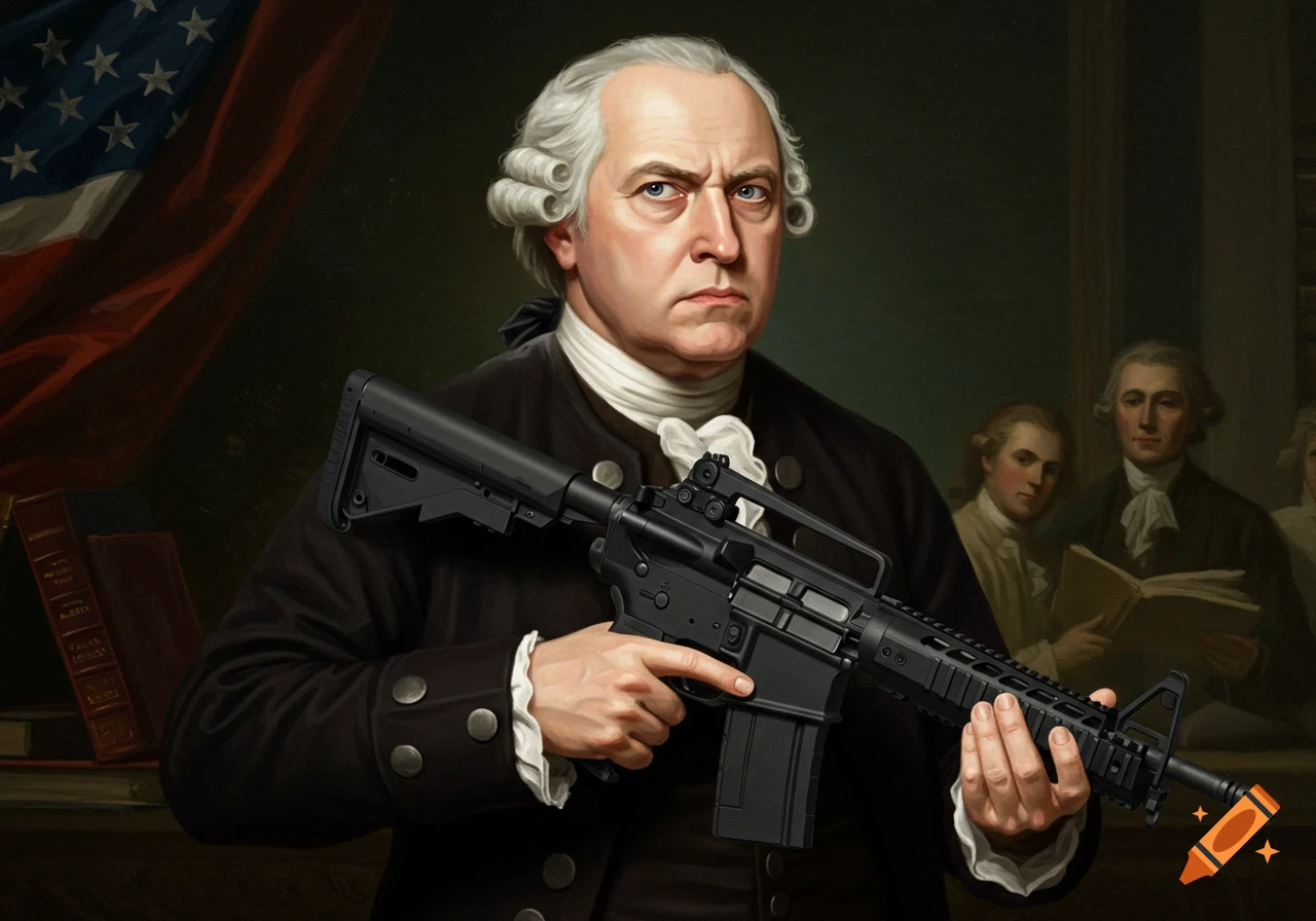 A historical figure in a portrait holds a modern rifle.