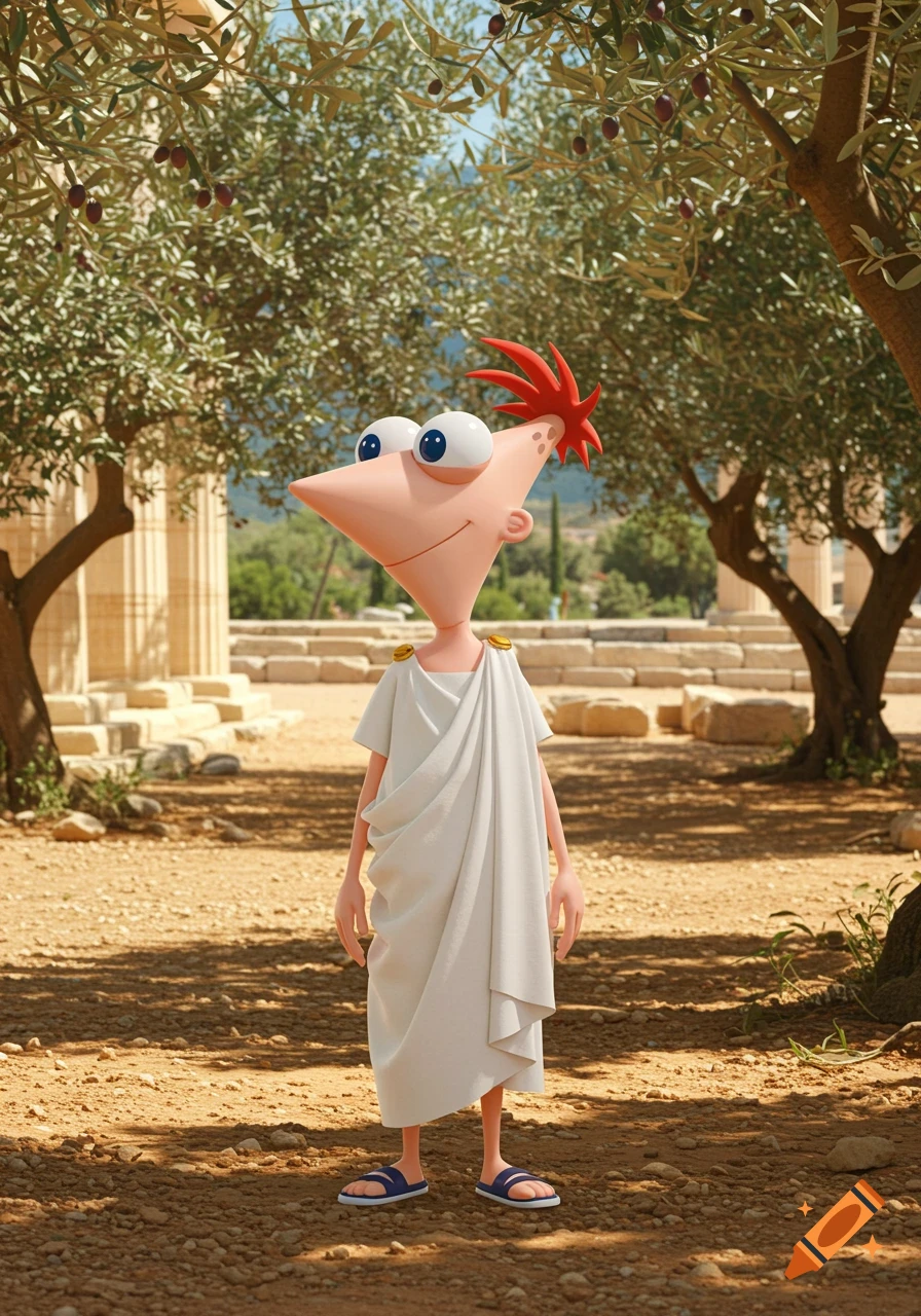 Phineas Flynn from Disney in a white ancient Greek toga stands among olive trees and ruins.