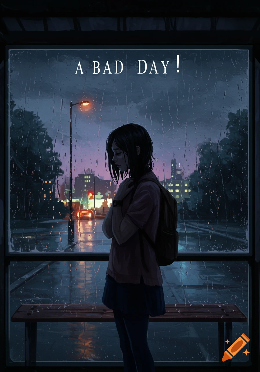 Illustration of a sad person standing at a bus stop in a rainy city at night.