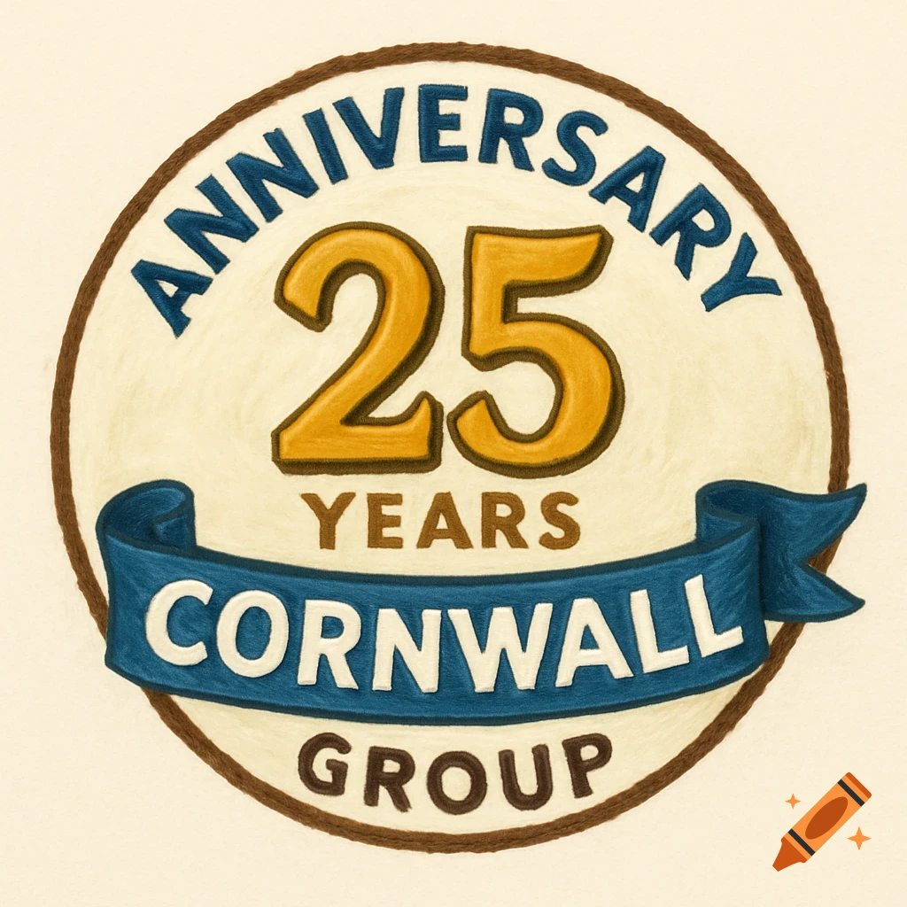 A logo for 25 years anniversary Cornwall Group with text and a ribbon banner in a textured style.