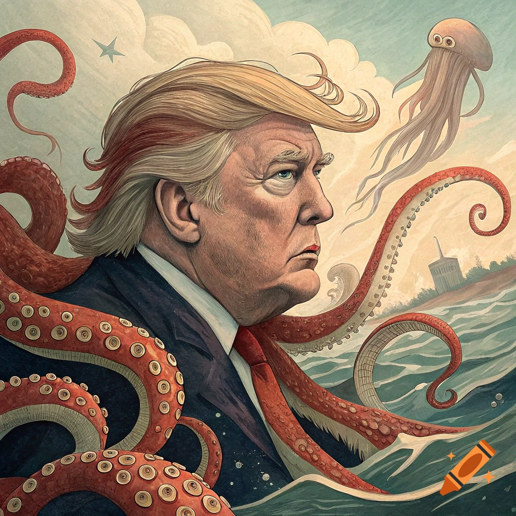 Stylized portrait of Donald Trump with octopus tentacles and a jellyfish in the sea.