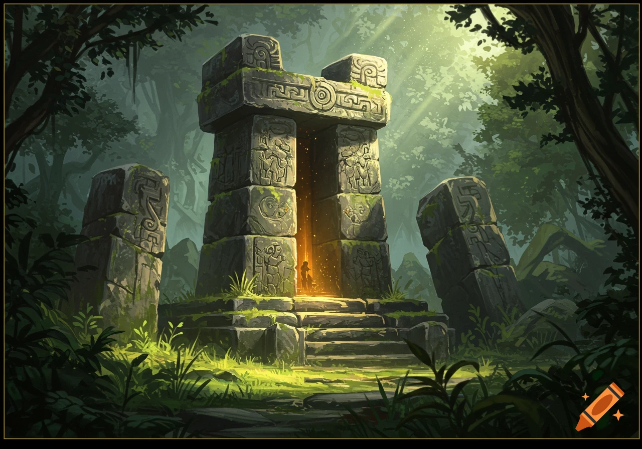 Ancient stone altar or gateway structure in a jungle clearing with steps and a glowing entrance. Fantasy style.