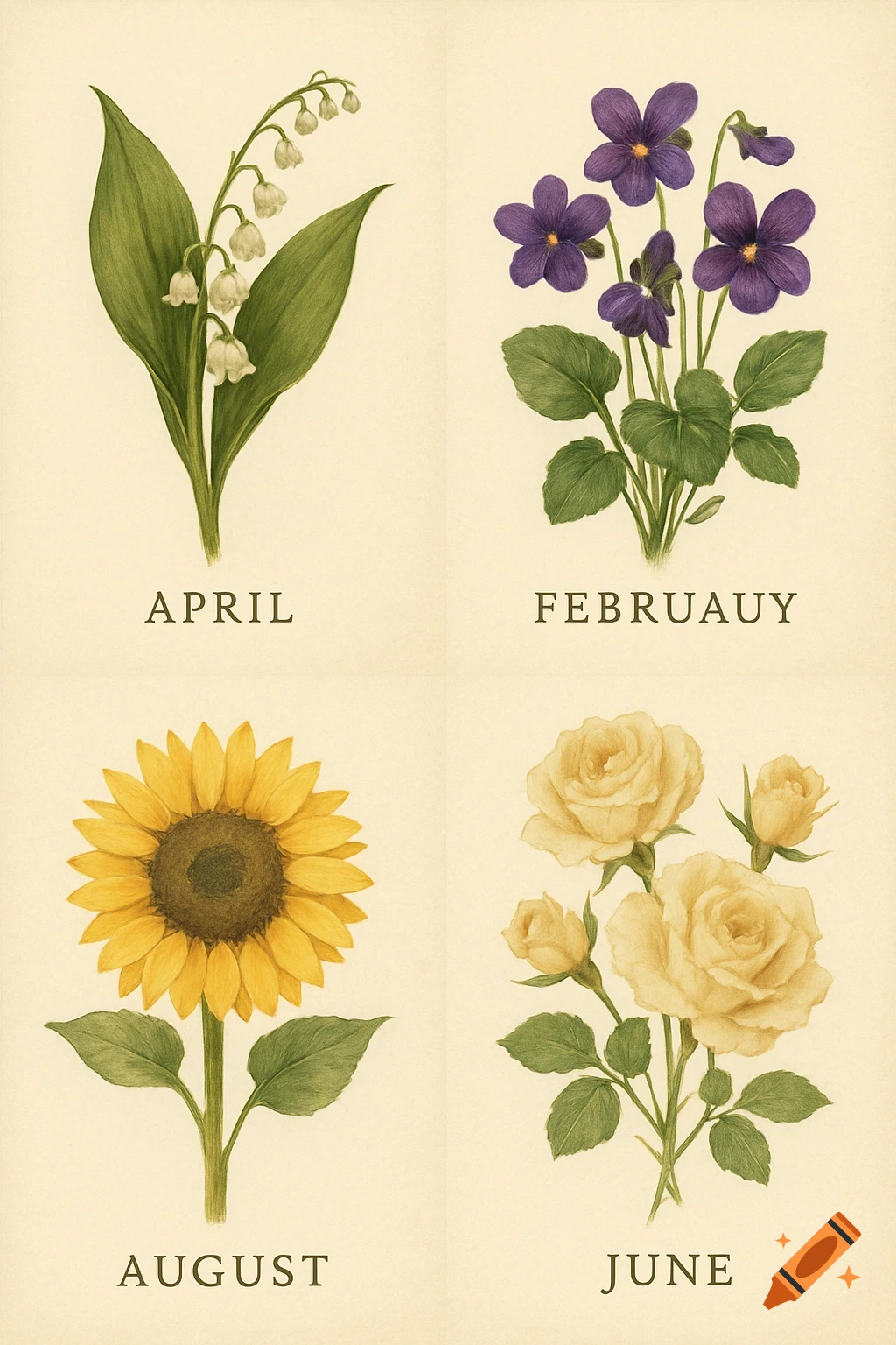 Four botanical illustrations of flowers labeled April, Februaray, August, and June on a light background.