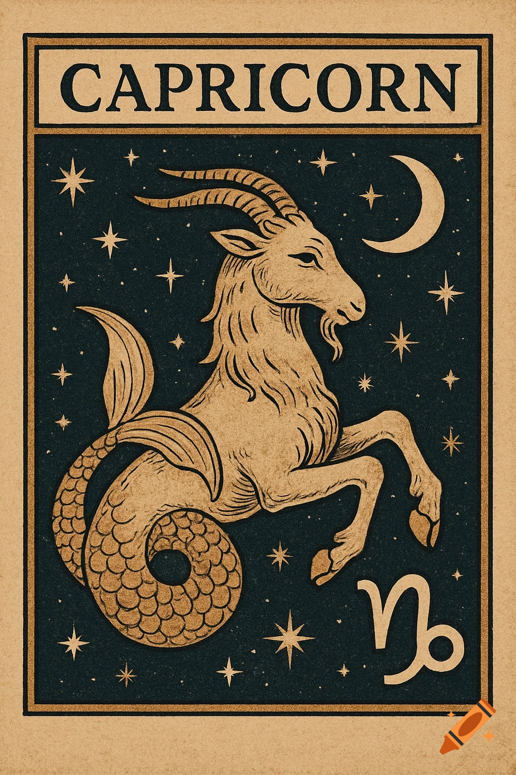 Vintage illustration of the Capricorn zodiac sign with text and symbol.