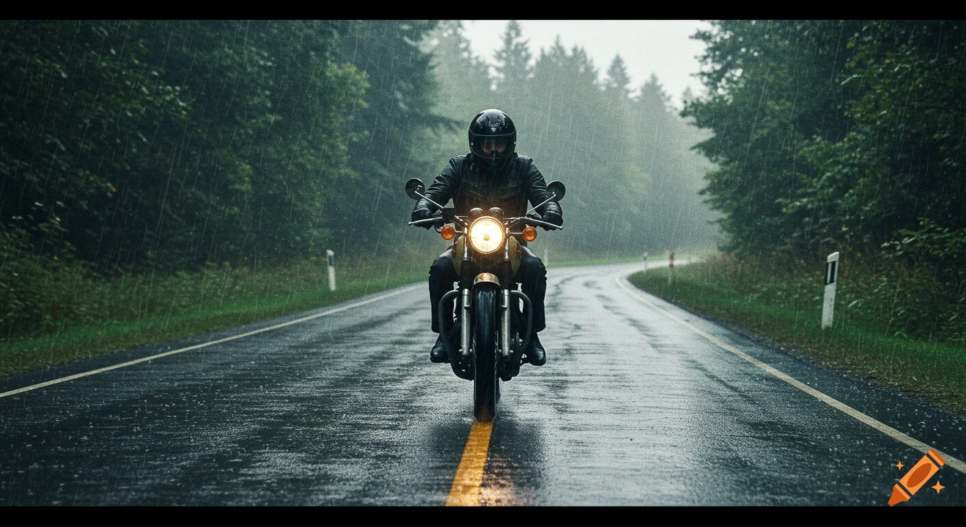 Person rides motorcycle on wet forest road in heavy rain.