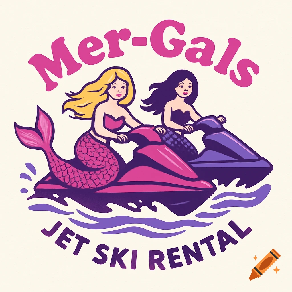 Logo illustration of two mermaids riding jet skis with text 'Mer-Gals Jet Ski Rental'.