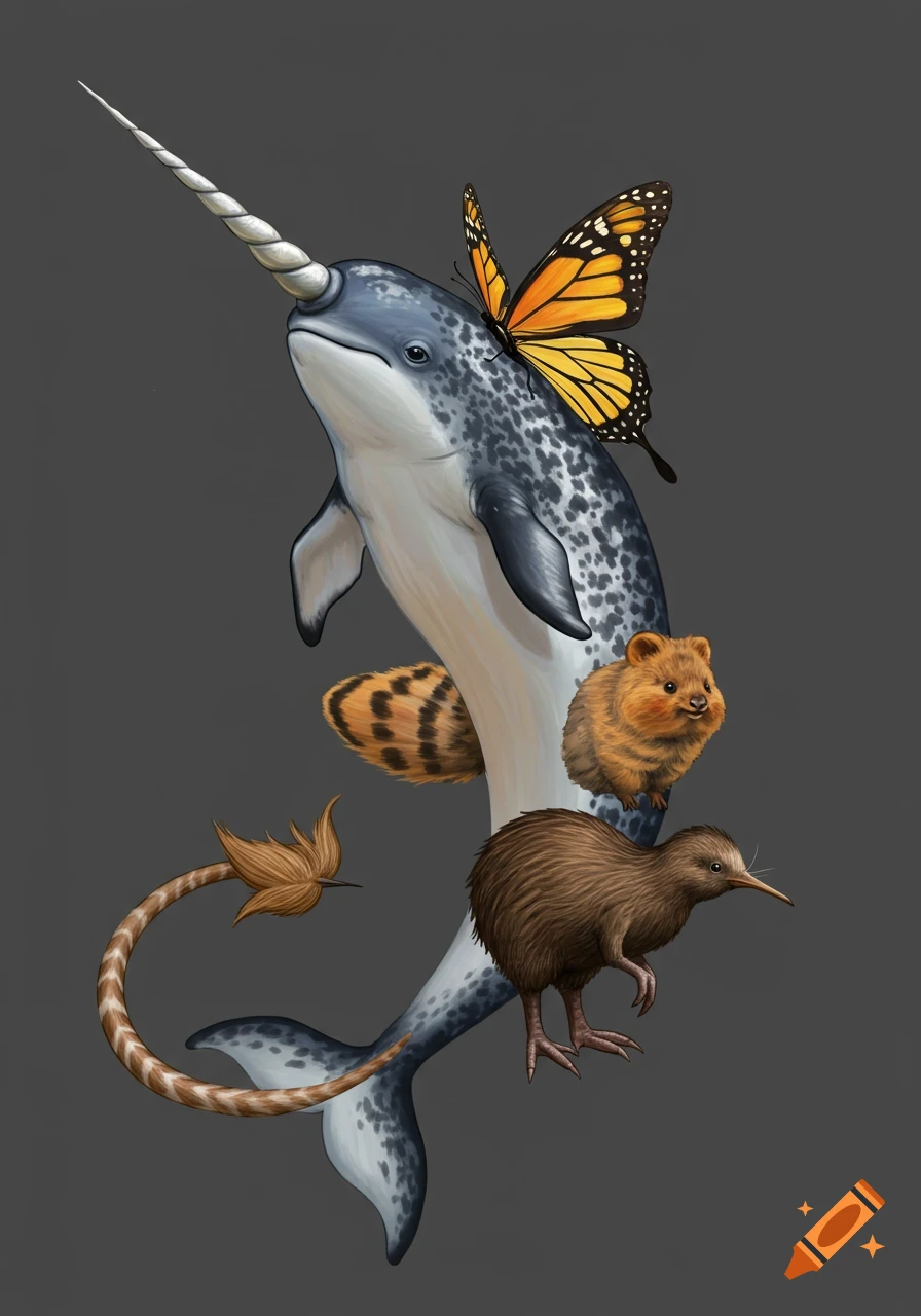 Illustration of a creature blending a narwhal, butterfly wings, quokka head, kiwi legs, and a striped tail.