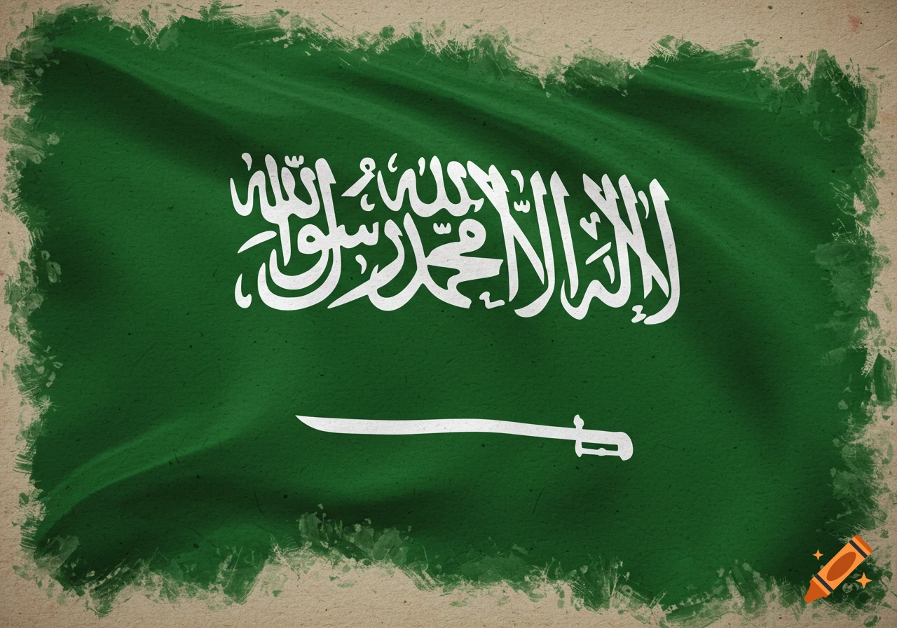Green flag of Saudi Arabia with white Arabic text and sword, textured border