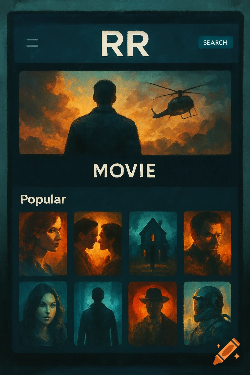A painting of a movie streaming interface with posters of people and a house.
