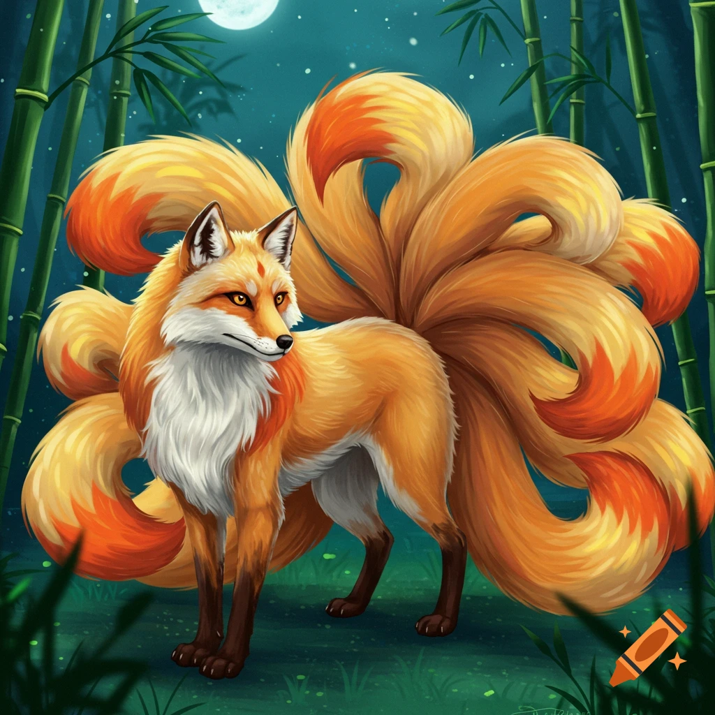 Stylized illustration of an orange kitsune with many tails standing among bamboo under a full moon.