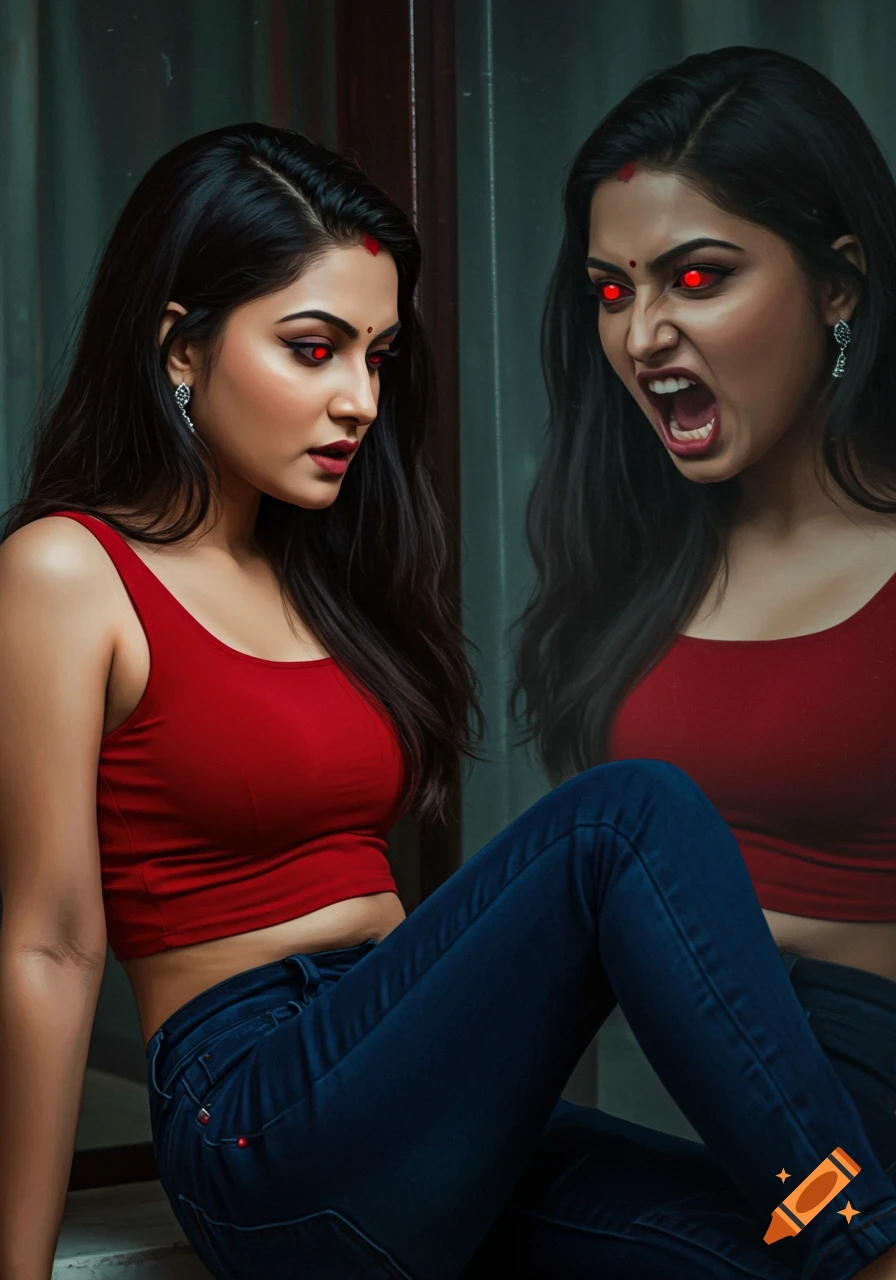 A woman in a red crop top and jeans sits looking down, with her angry reflection beside her having glowing red eyes.