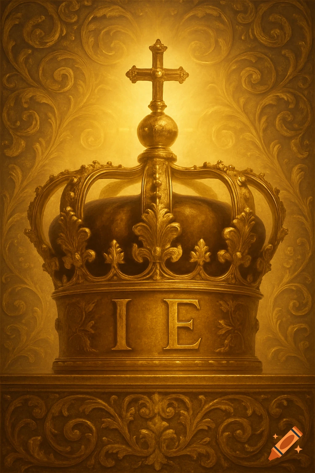 Golden crown with cross and I E letters against ornate gold background with light.