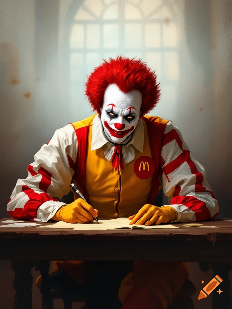 A creepy clown dressed as Ronald McDonald sits at a desk, writing in a book or on paper with a pen.