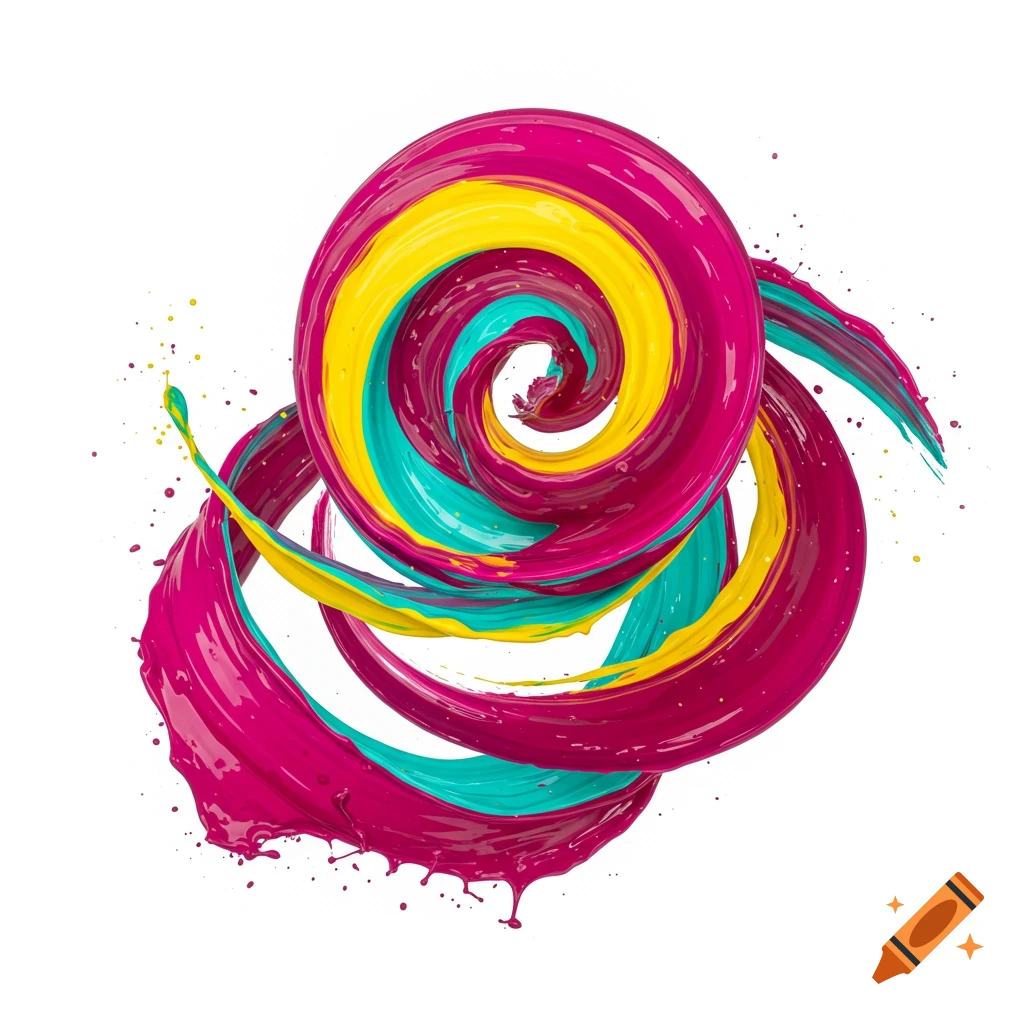 Abstract swirl of magenta, yellow, and teal paint splashing on a white background.