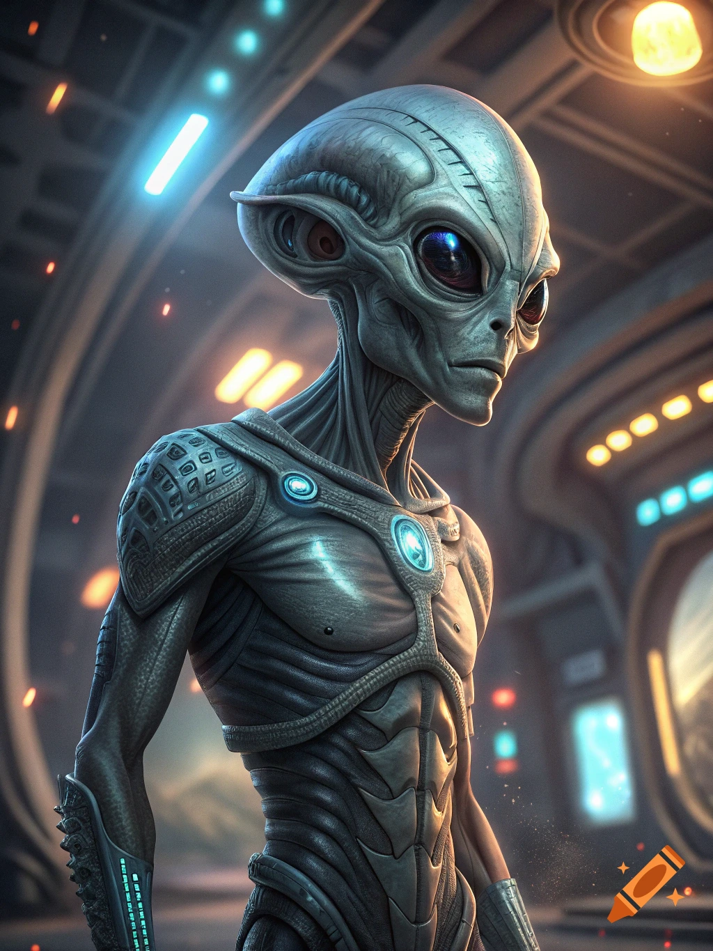 A detailed close-up of a grey alien with large eyes and bio-mechanical armor standing in a futuristic spaceship.
