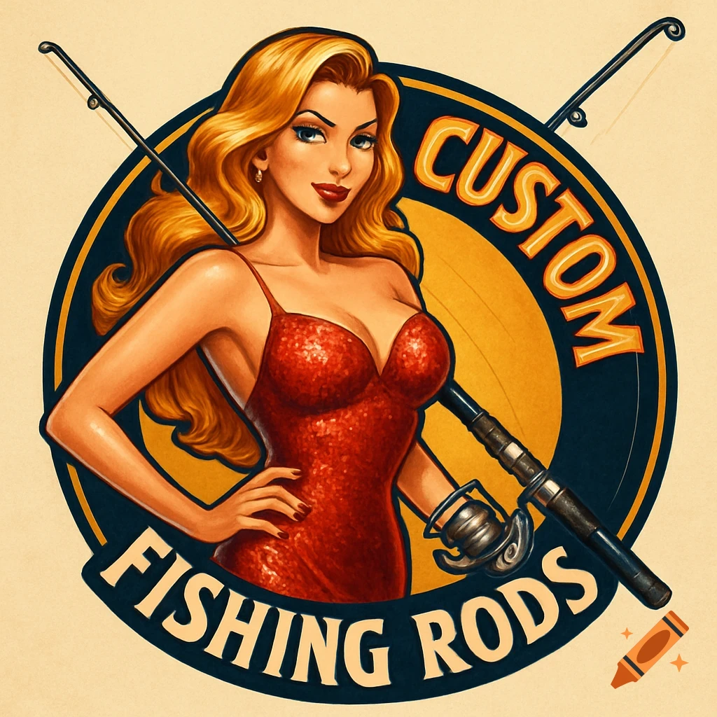 Pin-up style logo with a woman in a red dress, fishing rods, and text 'CUSTOM FISHING RODS' around a circular design.