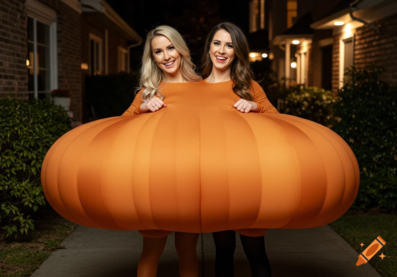 Two women in a large shared pumpkin Halloween costume stand outside at night.