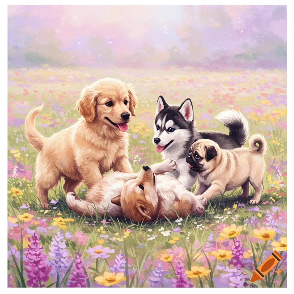 Four puppies playing in a colorful flower meadow, in a watercolour style.