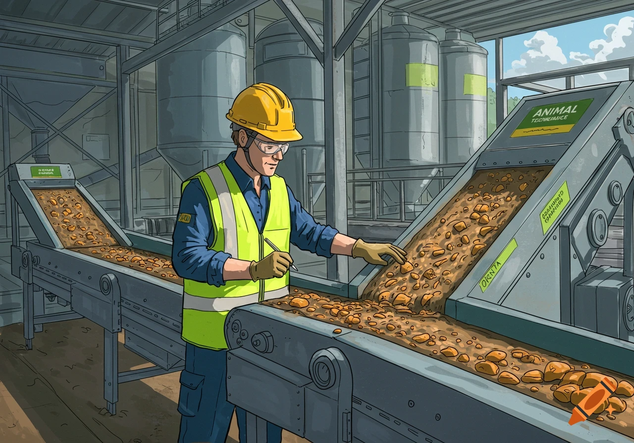 A worker in a hard hat and safety vest inspects a conveyor belt of material in an industrial setting.