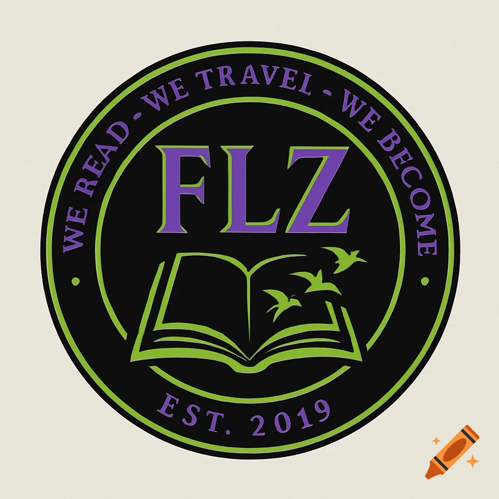 Circular logo with text 'FLZ', 'We Read - We Travel - We Become', 'Est. 2019', a book, and birds.