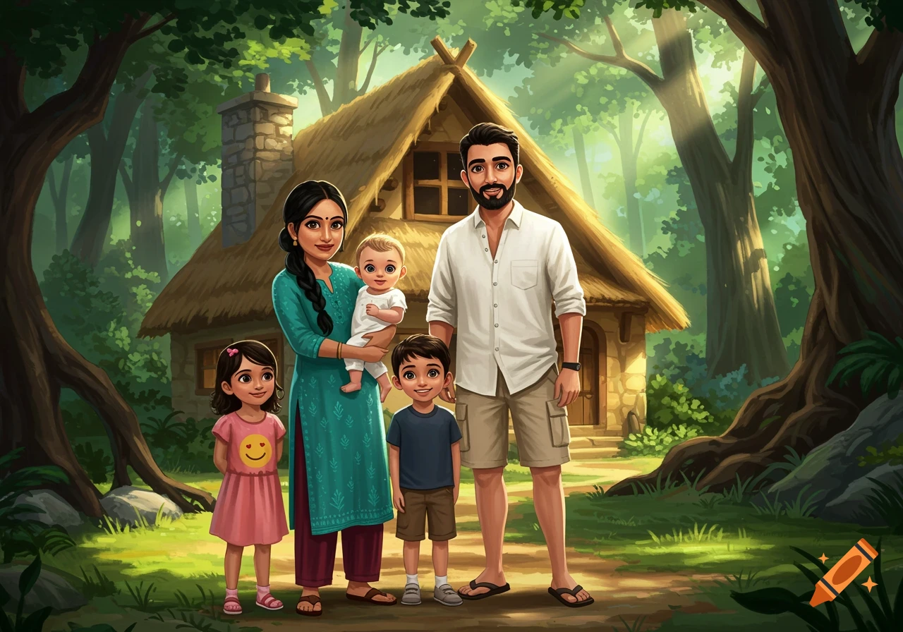 A family stands in front of a thatched cottage in a forest clearing, in an illustrated style.