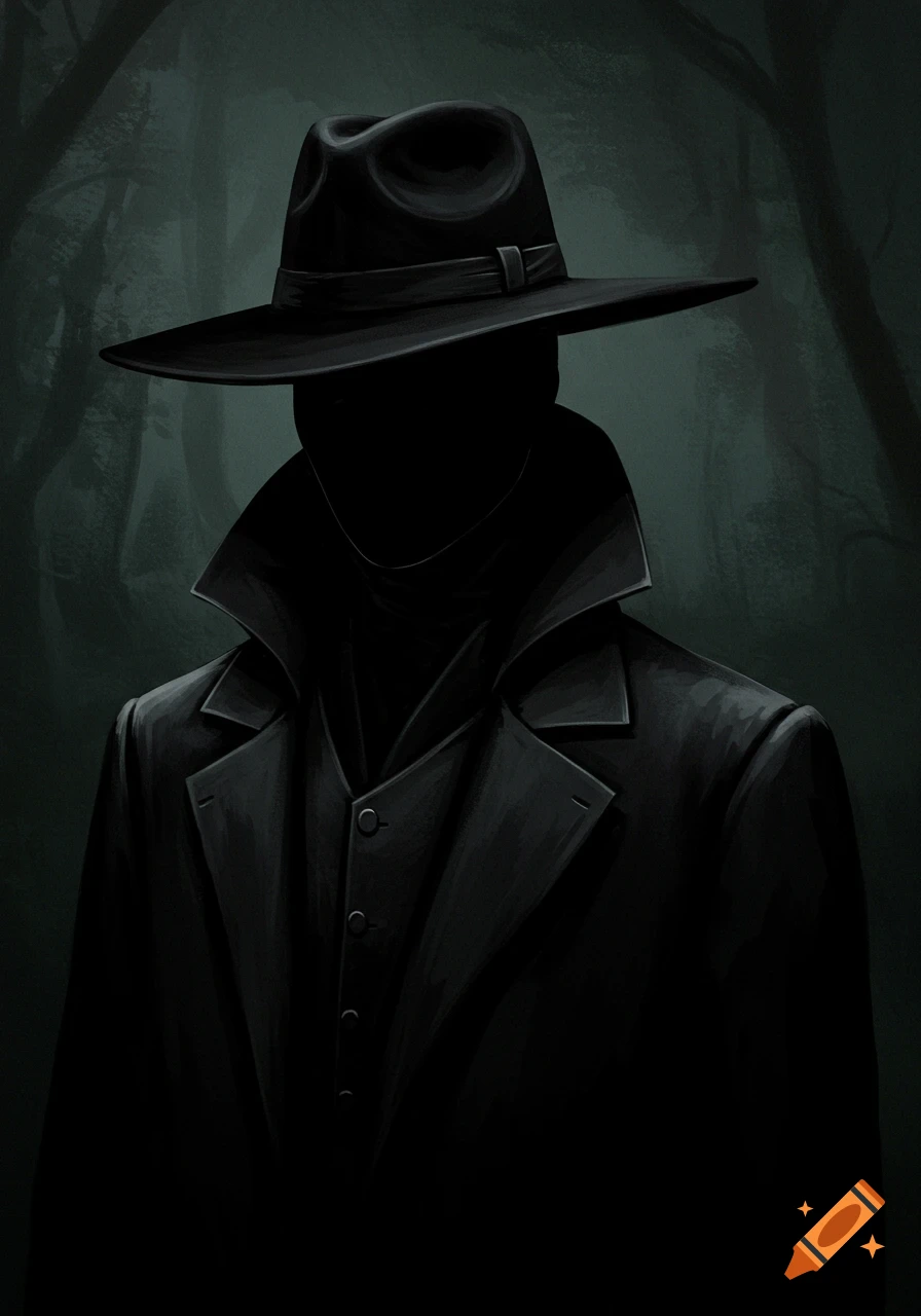 A mysterious figure in a black hat and trench coat stands in a dark forest. Drawing style.