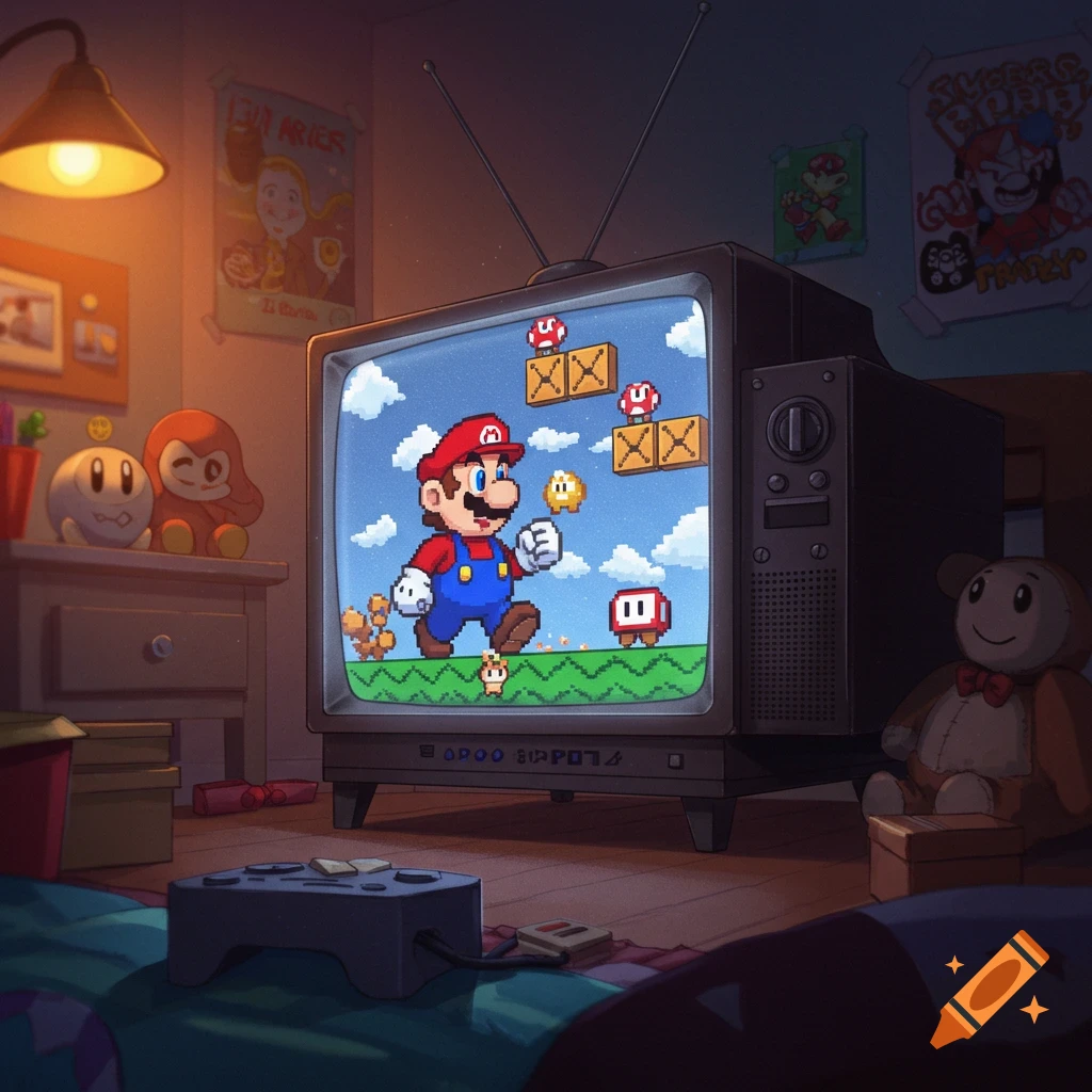 Pixel art Super Mario game displayed on a retro television in a cozy room with a controller.