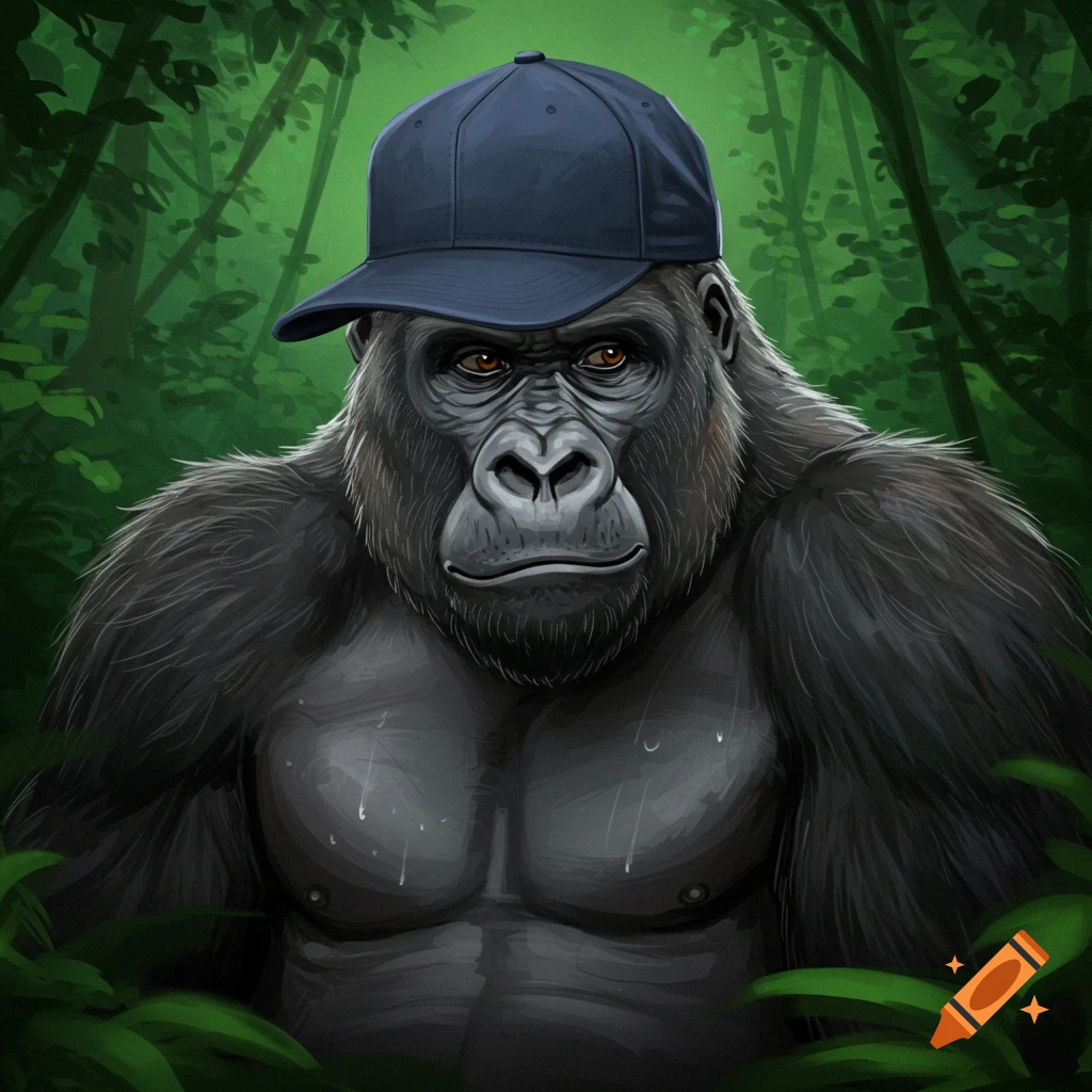 A gorilla wearing a hat in a jungle setting.