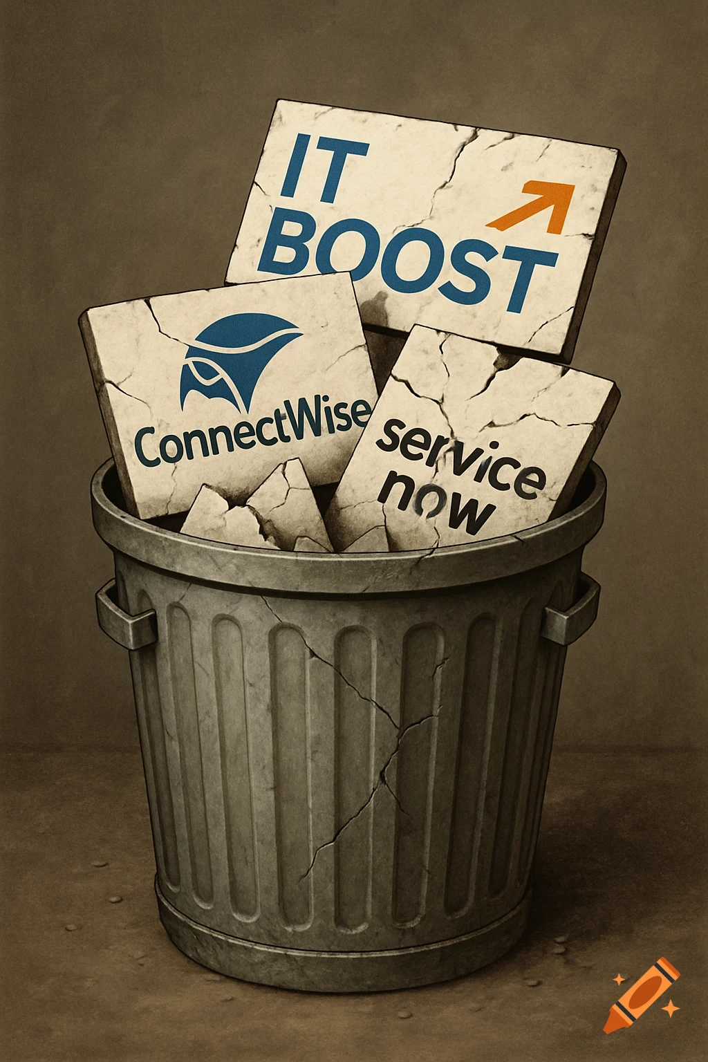An illustration of a dustbin filled with broken signs reading IT BOOST, ConnectWise, and service now.