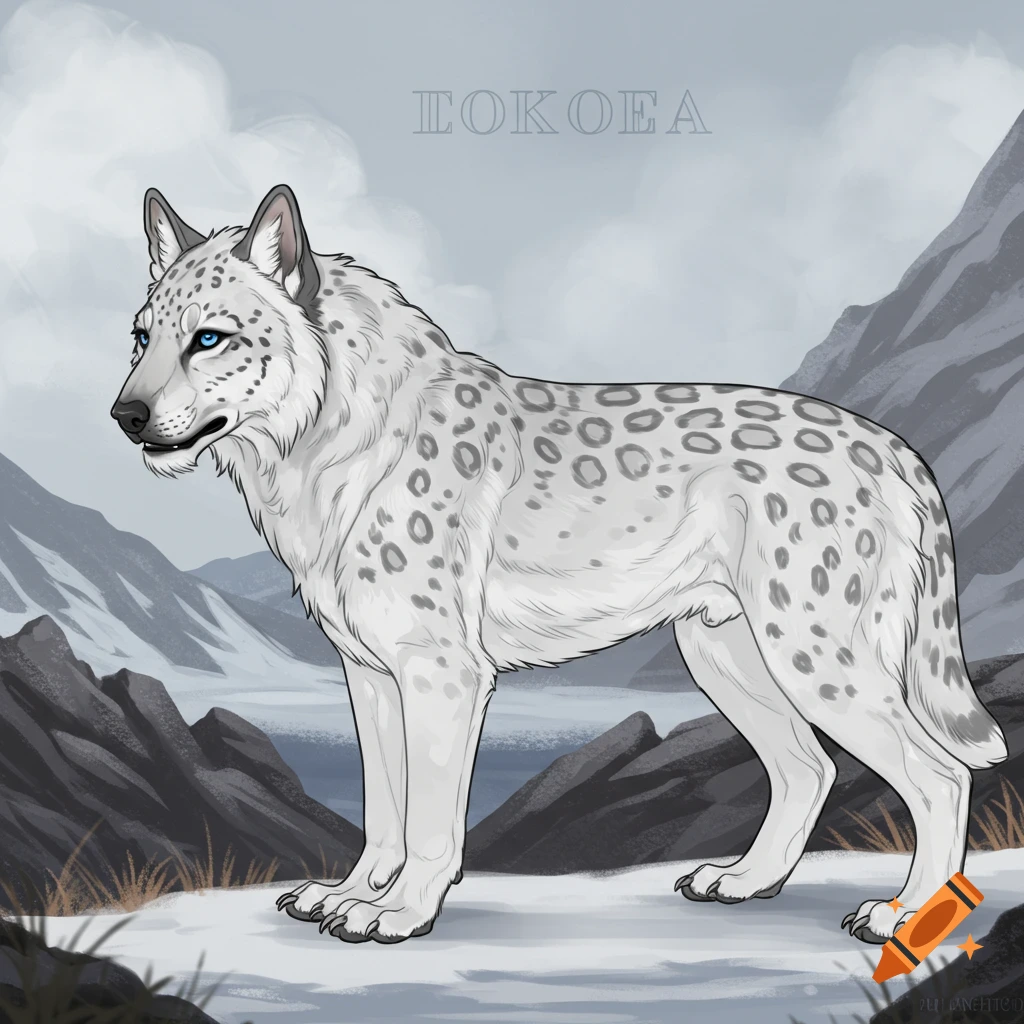 An illustrated snow leopard wolf hybrid standing in snowy mountains.