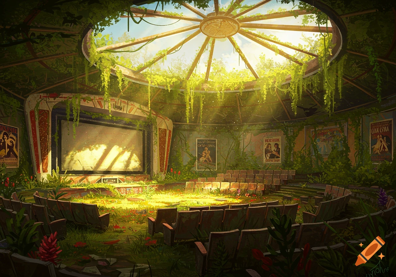 Overgrown abandoned cinema with sunlight, rows of chairs, screen, and posters