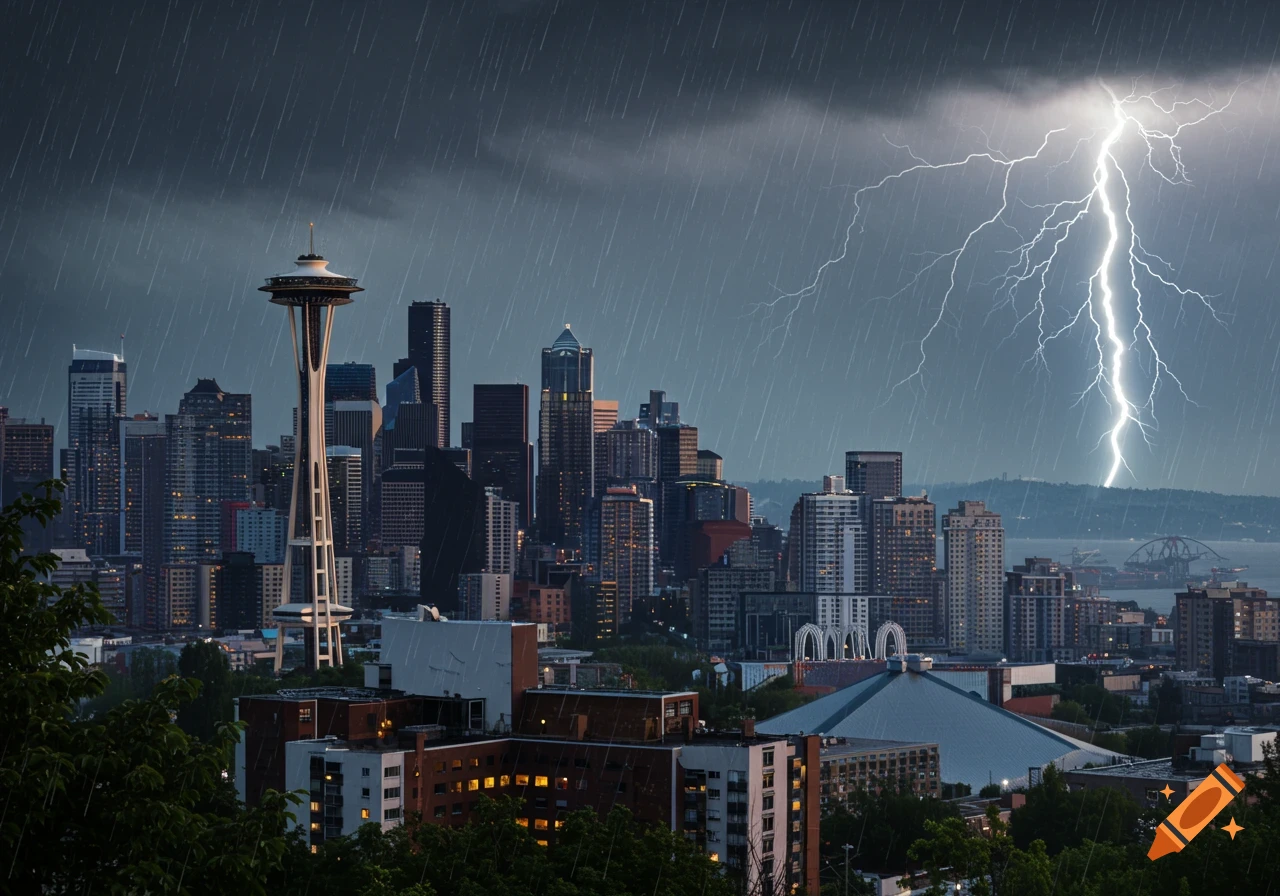 Seattle skyline with the Space Needle during a rain storm with lightning