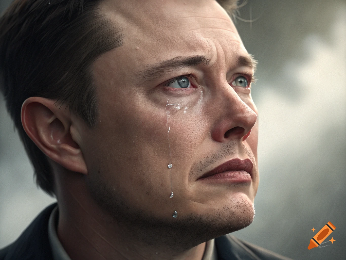 Close-up realistic portrait of Elon Musk crying.