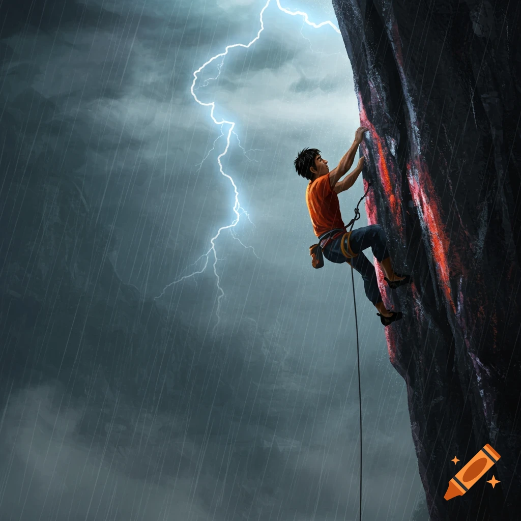 A person rock climbs a dark cliff face in heavy rain and lightning.