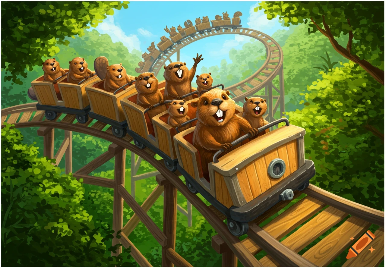 Cartoon beavers riding a roller coaster through a forest.