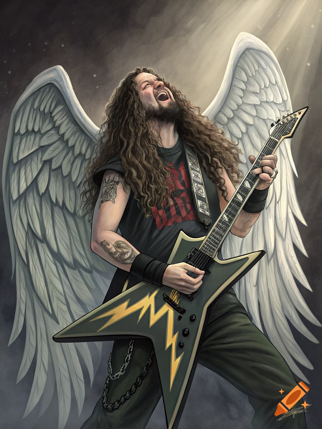 A man with long hair and angel wings plays an electric guitar with lightning bolts.
