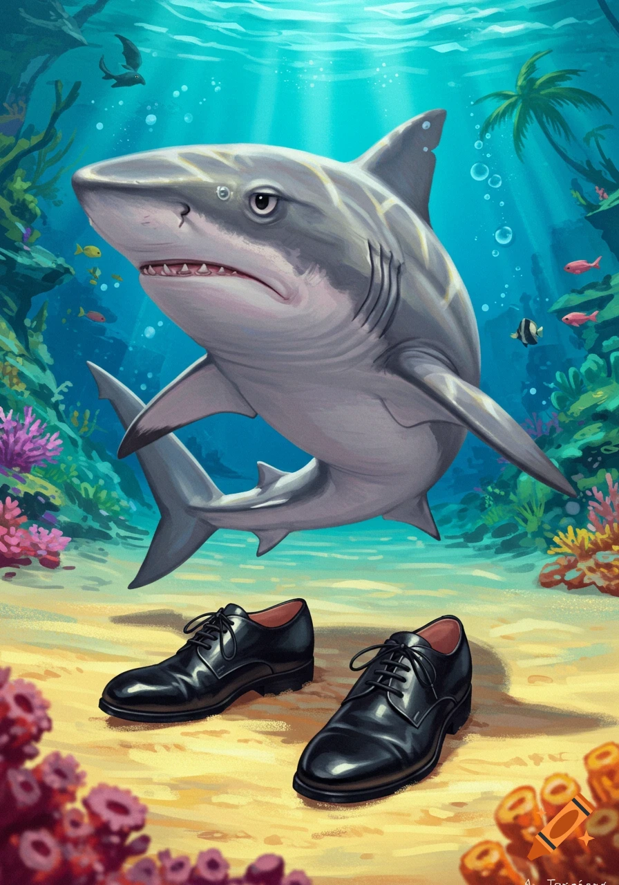 Stylized illustration of a shark swimming underwater above a pair of black dress shoes on the seabed.