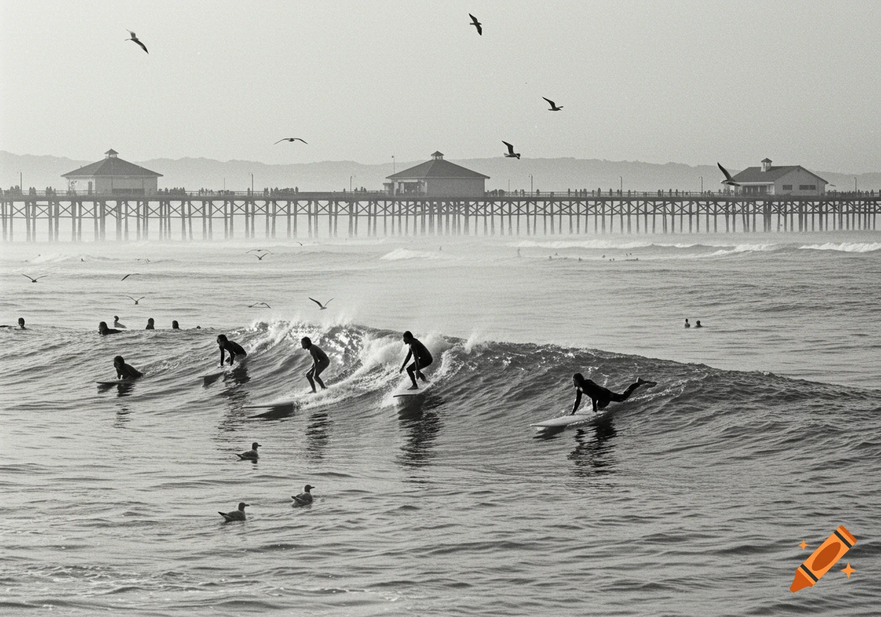 Black and white photo of surfers riding waves near a pier with seagulls flying