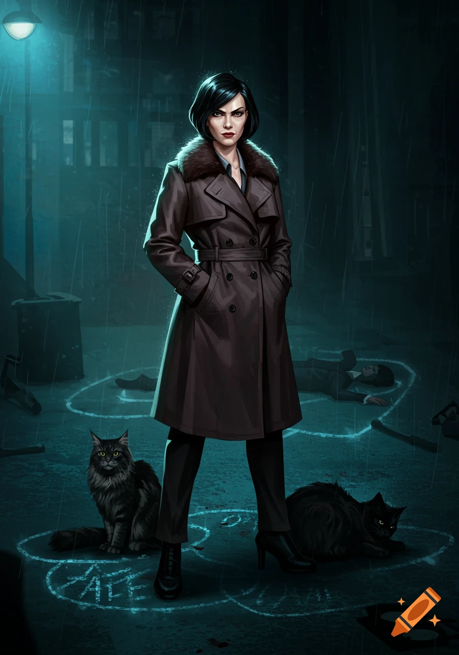 A noir detective woman in a trench coat stands over a chalk outline with two cats in the rain.